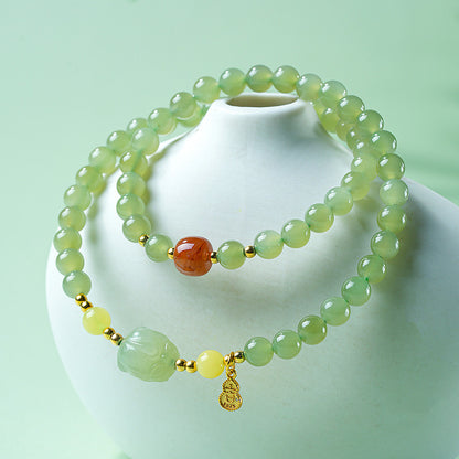 Icy Clear Water Light Cyan Hetian Jade Double-row Bracelet with Pixiu, Fashion Versatile Jewelry, Festival Gift