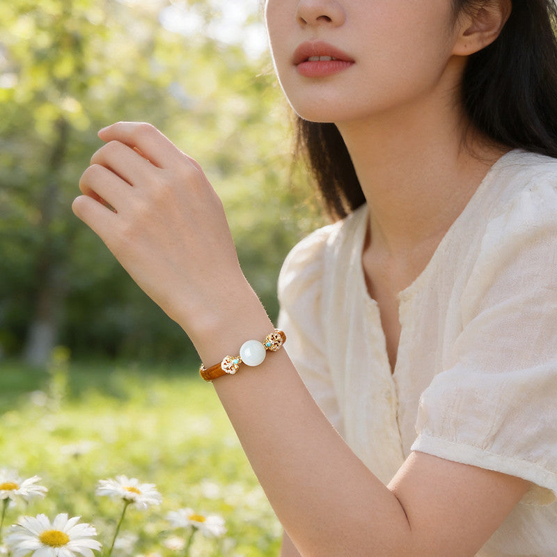 Rotatable Barrel Bead Jade Bracelet, Hetian Jade & Jadeite Wristband with Pixiu, Gift