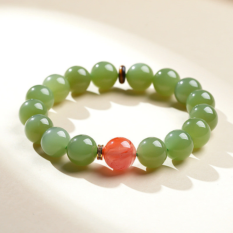 High Oil & Translucent Pale Cyan Hetian Jade Bracelet, Round Bead Single-loop Bangle for Women