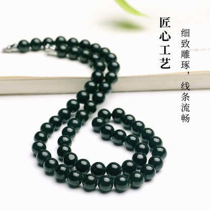 Dark Green Hetian Jade Round Bead Necklace, Women Long Sweater Chain