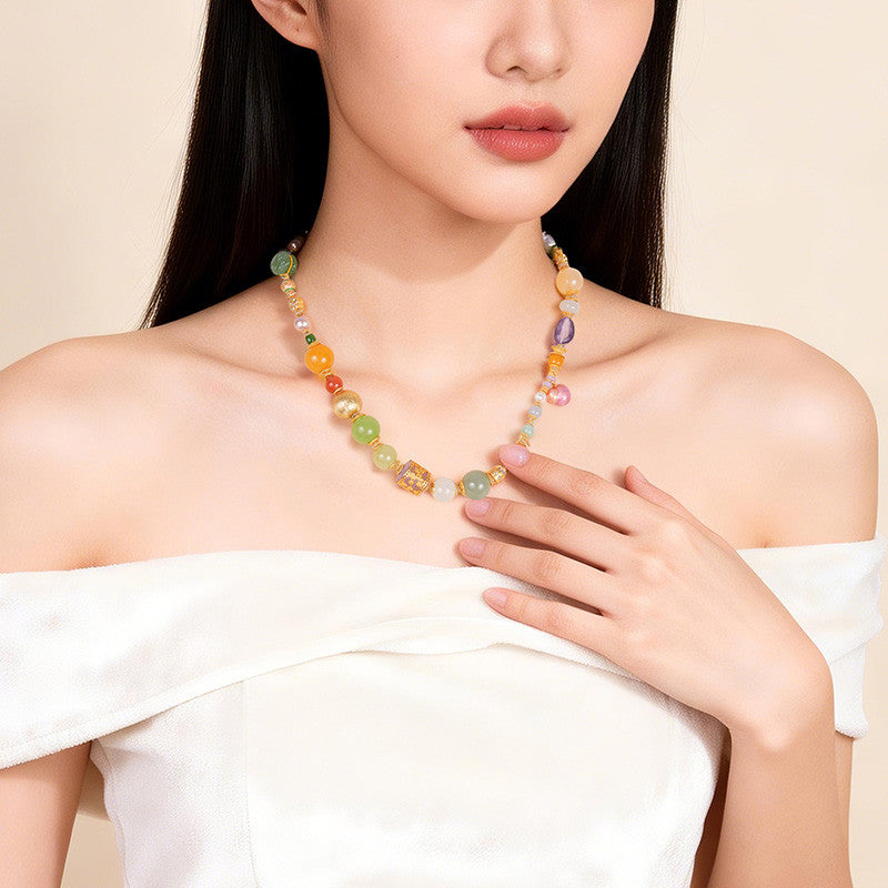 National Elegance Multi-gem Hetian Jade Bracelet & Necklace, Birthday Gift with Certificate