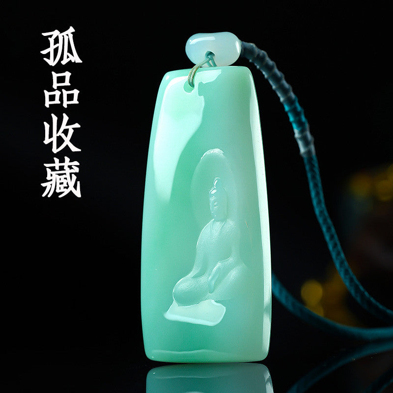 Unique Piece | Icy Waxy Myanmar Jadeite Pendant, Floating Green & Double-Sided Carved Enlightenment Jade Ornament