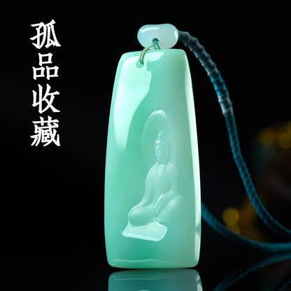 Unique Piece | Icy Waxy Myanmar Jadeite Pendant, Floating Green & Double-Sided Carved Enlightenment Jade Ornament