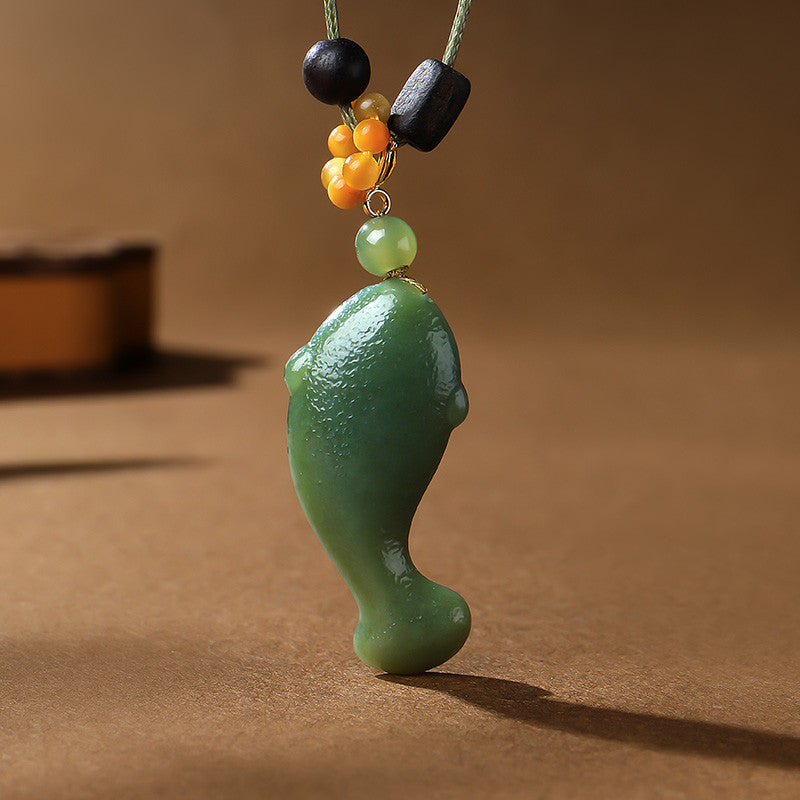 Swim Like Fish in Water｜Yellow-Cyan Hetian Jade Fish Pendant Unisex, With Cord & Certificate