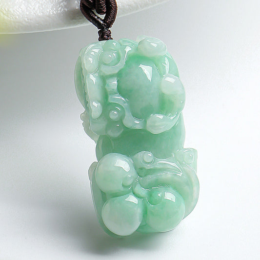 Floating Green Emerald Pixiu Pendant, Auspicious Mythical Beast Jade Charm