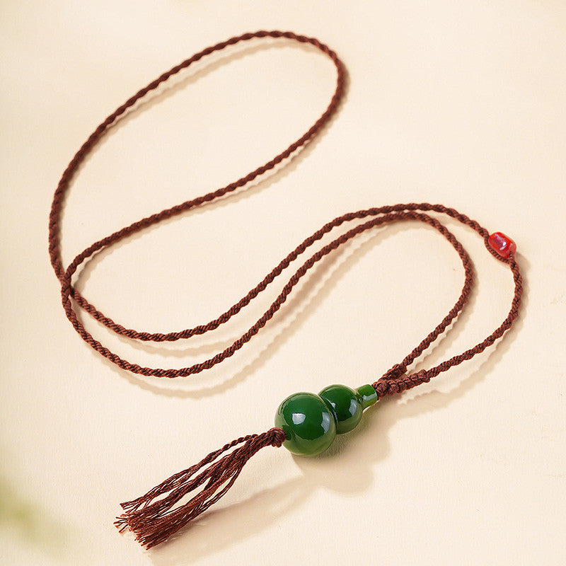 Spinach Green Hetian Jasper Gourd Pendant, Fortune & Blessing Jade Ornament with Cord