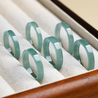 Moist Translucent Blue Water Straight-Cut Jadeite Ring, Women Finger Jewelry Holiday Gift