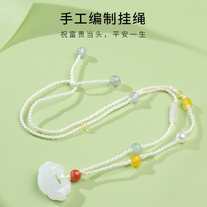 Women's Hetian White Jade Peace & Ruyi Lock Pendant, Festival Gift