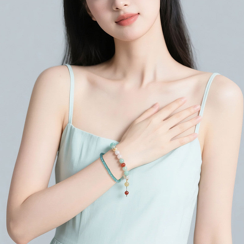 Women's Translucent Blue Water Emerald Barrel Bead Bracelet, Simple Lucky Loop Jade Bangle
