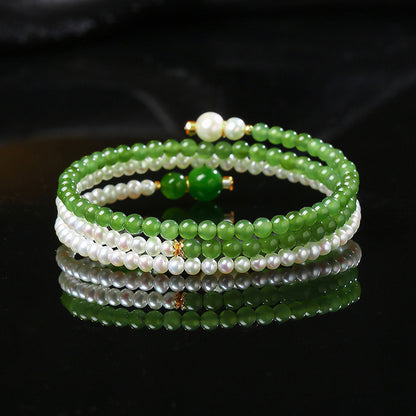 High-oil Apple Green Hetian Jasper Multi-loop Bracelet, Small Bead Bangle Style, Festival Gift