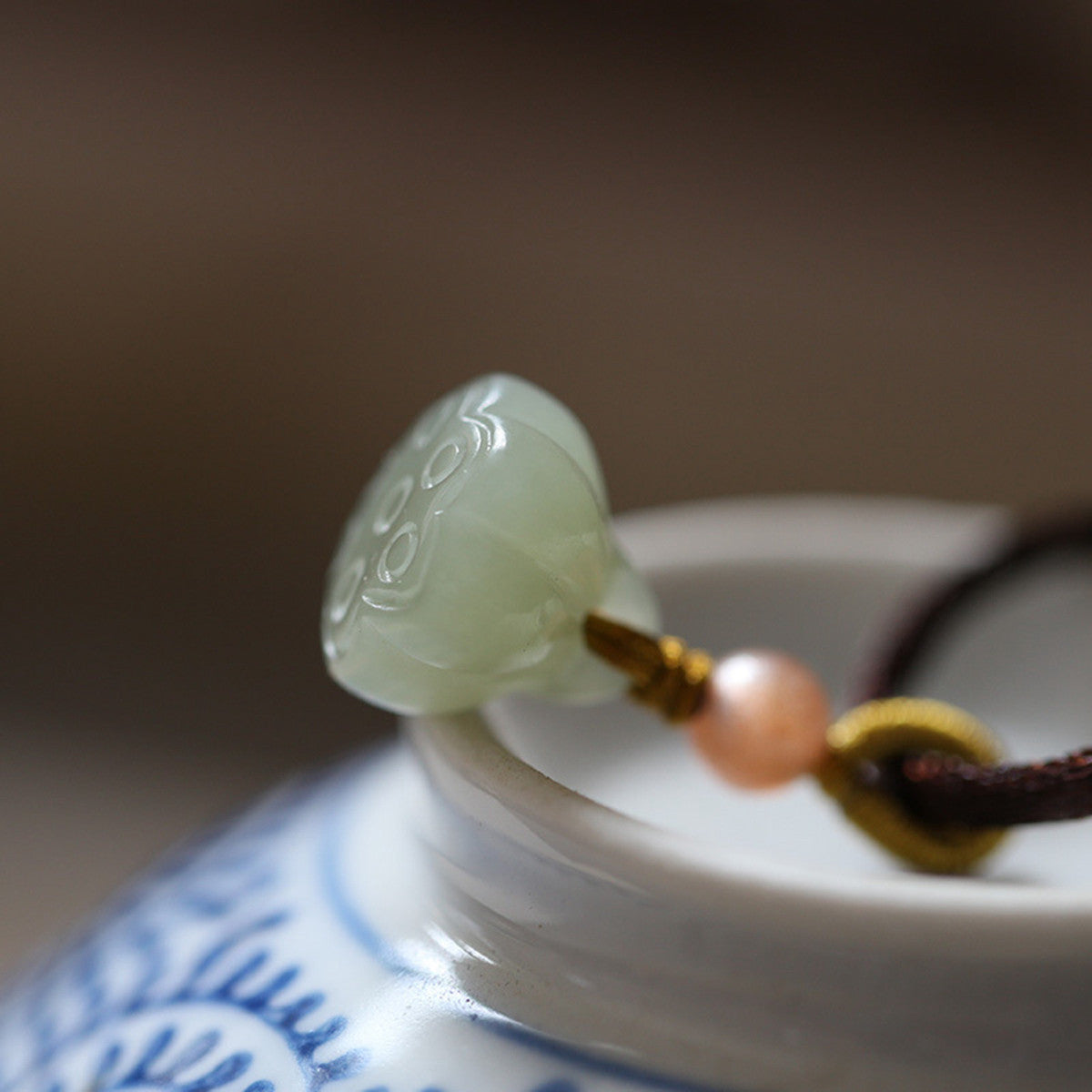 Kids Natural Hetian Jade Necklace, Lotus Pod & Peace Buckle Pendant, Minimalist Literary Style