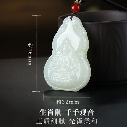 Hetian Jade Pendant, Gourd & Zodiac Patron Buddha Guanyin Charms, Unisex Jade Hanging Ornament