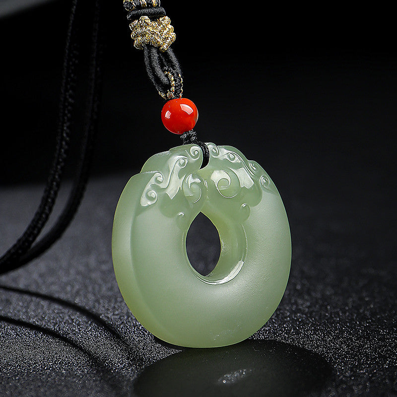 Pale Green Hetian Jade Hollow-Carved Double Dragon Safety Buckle Pendant, Unisex Jade Charm, With Certificate & Collectible Value