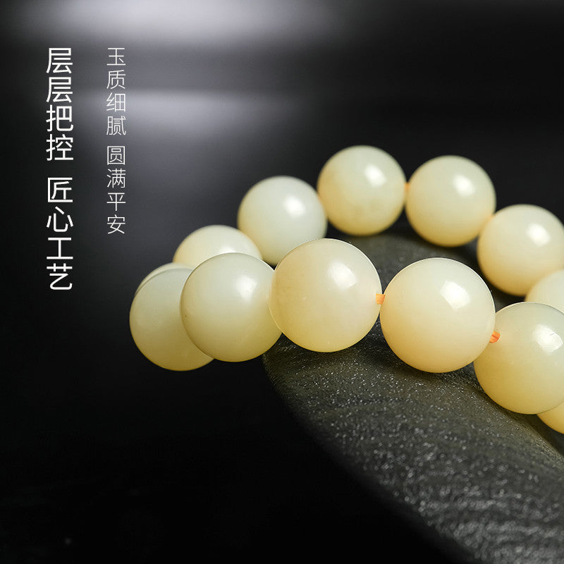 Unisex Hetian Jade Bracelet, Honey Water Tone Glossy Round Beads