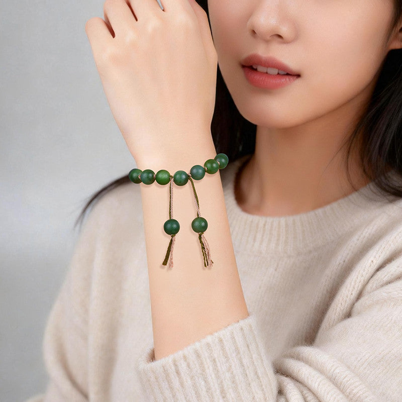 Antique Style Hetian Jasper Round Bead Bracelet, Unisex Single-loop Jade Bangle, Festival Gift