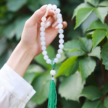 Tianshan Green Jade Bracelet & Handheld Ornament, Round Beads with Tassel, Fresh Style Gift