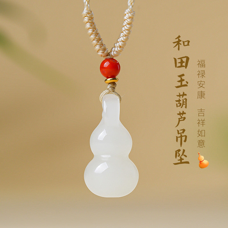 White & Lake Green Hetian Jade Small Gourd Pendant, Fortune Blessing Jade Charm