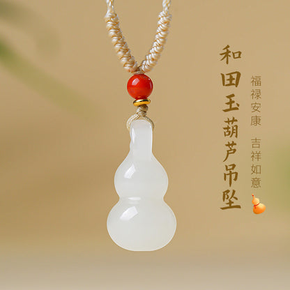 White & Lake Green Hetian Jade Small Gourd Pendant, Fortune Blessing Jade Charm