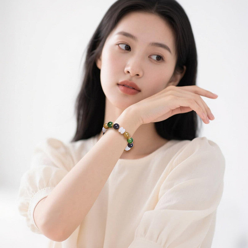 Hetian Jade Multi-Color Beaded Bracelet, Carved White Jade Lotus Bangle, Festival Gift