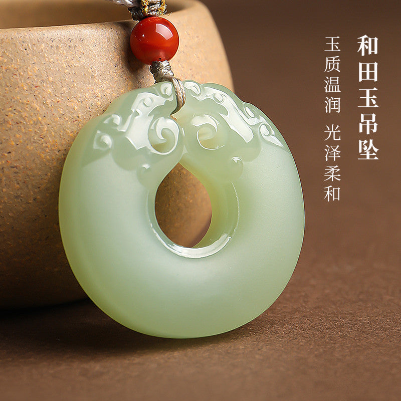 Pale Cyan Hetian Jade Double Dragon Safety Buckle Pendant, Unisex Holiday Gift Jade Ornament