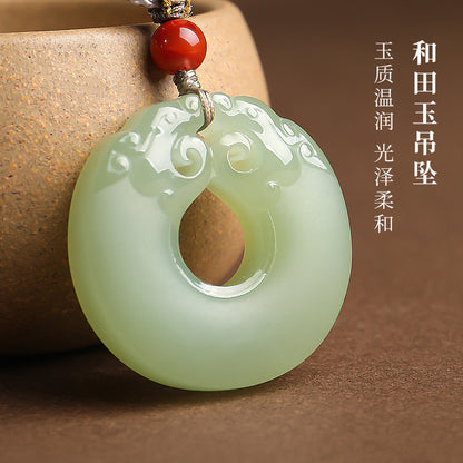 Pale Cyan Hetian Jade Double Dragon Safety Buckle Pendant, Unisex Holiday Gift Jade Ornament