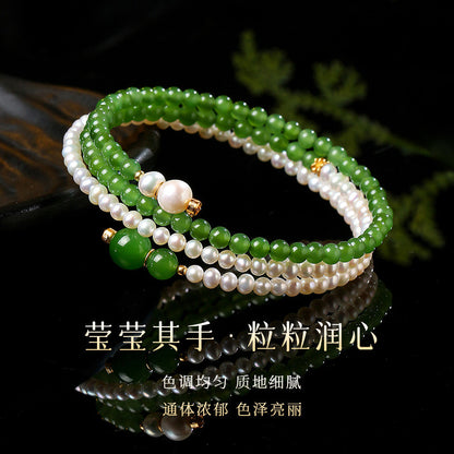 High-oil Apple Green Hetian Jasper Multi-loop Bracelet, Small Bead Bangle Style, Festival Gift