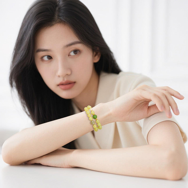 Yellow Mouth Hetian Jade Round Bead Multi-color Double-loop Bracelet for Women
