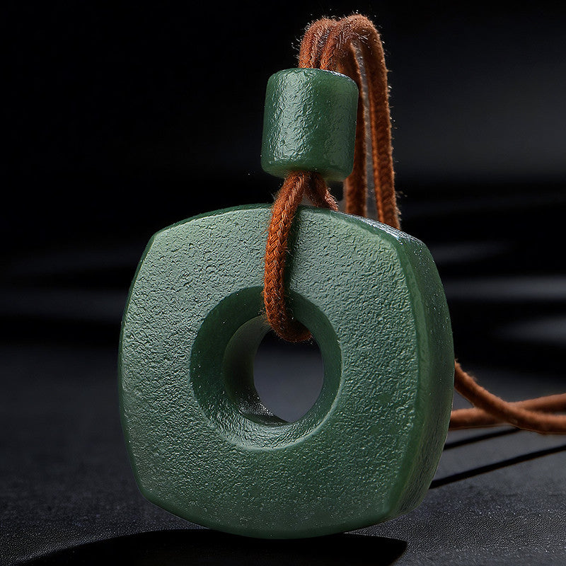 Chinese Retro Style Hetian Green Jade Square Plaque & Peace Buckle Pendant, Festival Gift