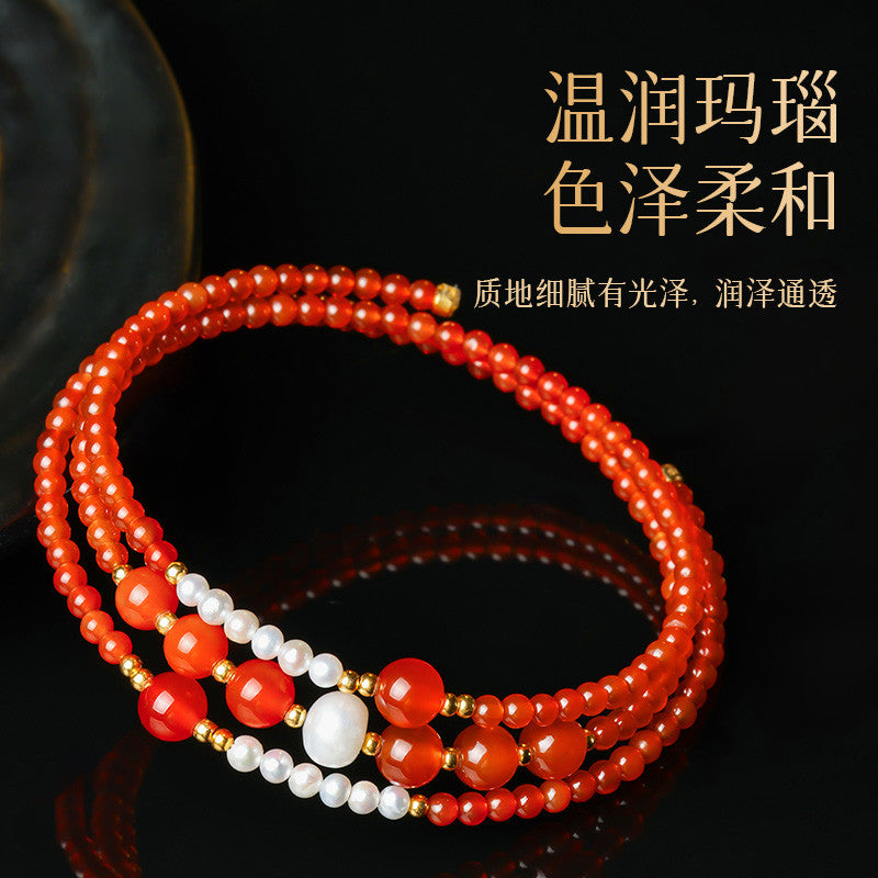 Lucky Red Agate Bracelet, Mini Bead & Rolling Bead Bangle-style Multi-loop Bracelet for Women, Festival Gift for Girlfriend