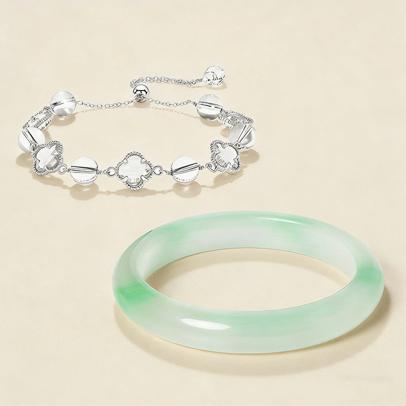 White Moonlight Series Translucent Warm Crystal Bangle & Bracelet, Natural Multi-Color Gem Jewelry with Certificate, Collectible Auspicious Lucky Ornament