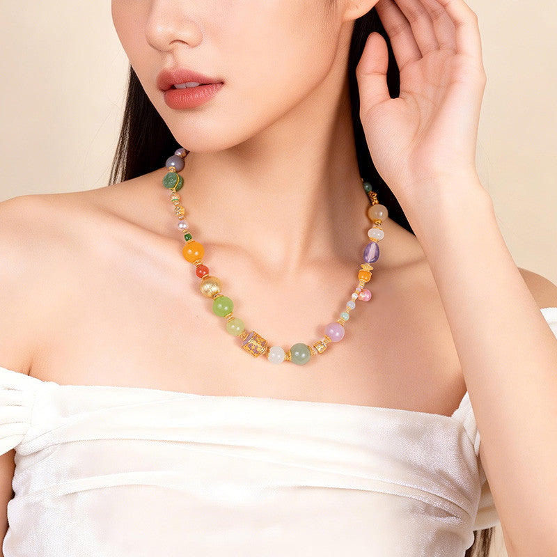 National Elegance Multi-gem Hetian Jade Bracelet & Necklace, Birthday Gift with Certificate