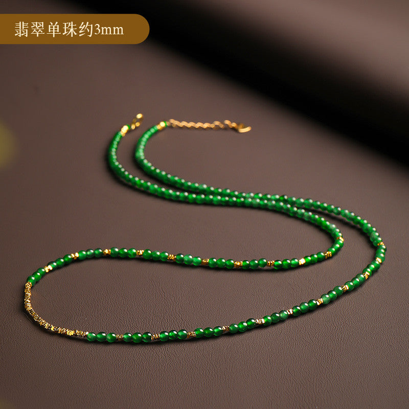 Imperial Green Jadeite Mini Bead Necklace, 3mm Clavicle Chain with Certificate