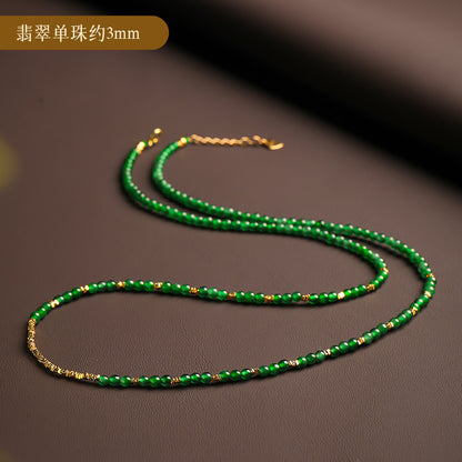 Imperial Green Jadeite Mini Bead Necklace, 3mm Clavicle Chain with Certificate