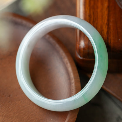 57MM Natural Grade A Ice Species Emerald Bangle, Translucent Fine Texture White Base with Green Floating Pattern Round Bracelet, With Certificate & Collectible High-Grade Jade Jewelry