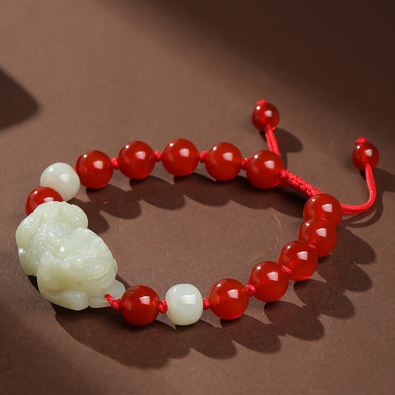 Hetian Jade Pixiu Bracelet, Adjustable Cord Single Loop Couple Bracelet for Men & Women