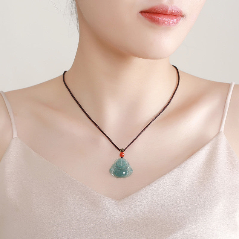 Icy Transparent Blue Water Jadeite Big Belly Maitreya Buddha Pendant, Women's Style, Festival Gift