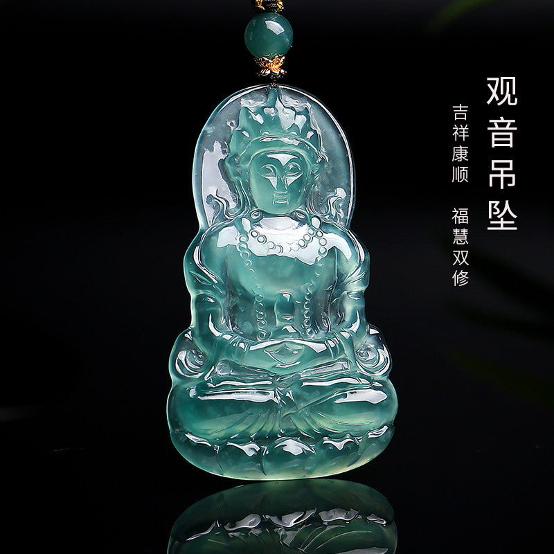 Men's High-Ice Blue Water Emerald Pendant, Tara & Guanyin Jade Charm, Festival Gift