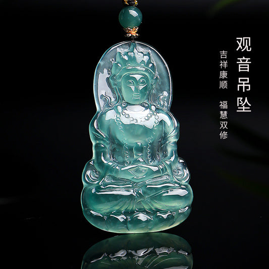 Men's High-Ice Blue Water Emerald Pendant, Tara & Guanyin Jade Charm, Festival Gift