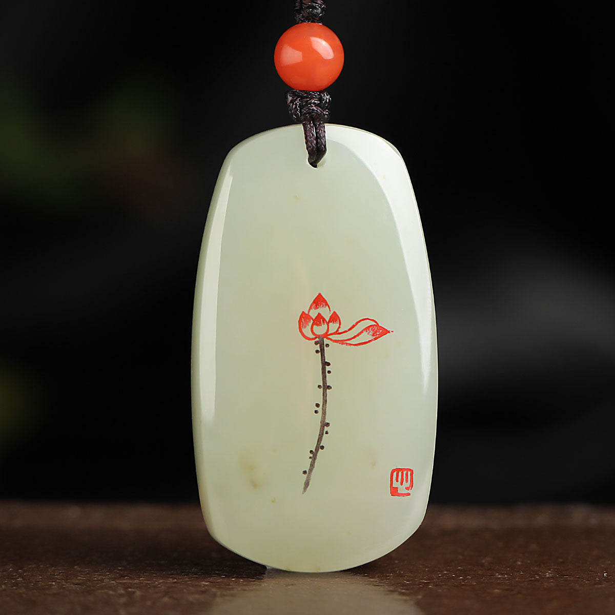 Master's Unique Piece, Hetian Jade Plain Pendant with Linear Carved Lotus, Unisex Jade Plaque