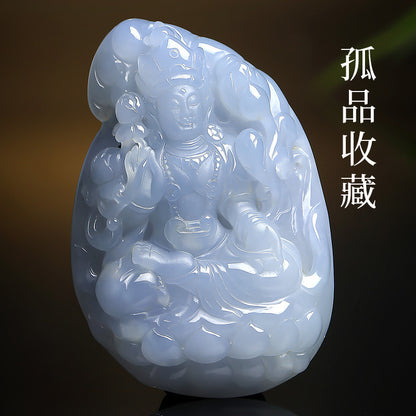 Unique Piece | Double-sided Carved Violet Jadeite Sitting Guanyin Pendant, Festival Gift