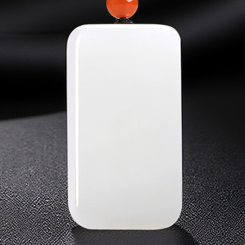 Peace & Blessing Hetian White Jade Plain Plaque Pendant, Unisex Jade Charm with Cord, Ideal Gift, With Certificate & Collectible Value