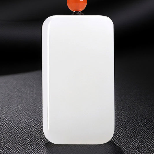 Peace & Blessing Hetian White Jade Plain Plaque Pendant, Unisex Jade Charm with Cord, Ideal Gift, With Certificate & Collectible Value