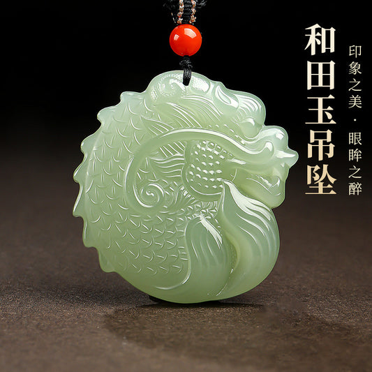 Double-sided Fine Carved Dragon-Carp Hetian Jade Pendant, Pale Cyan Zodiac Dragon Plaque, Holiday Gift
