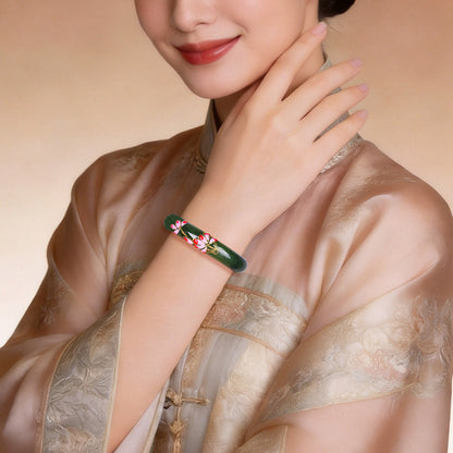 Blooming Splendor Hetian Jasper Bangle, Spinach Green Carved Bangle, Multiple Sizes Available