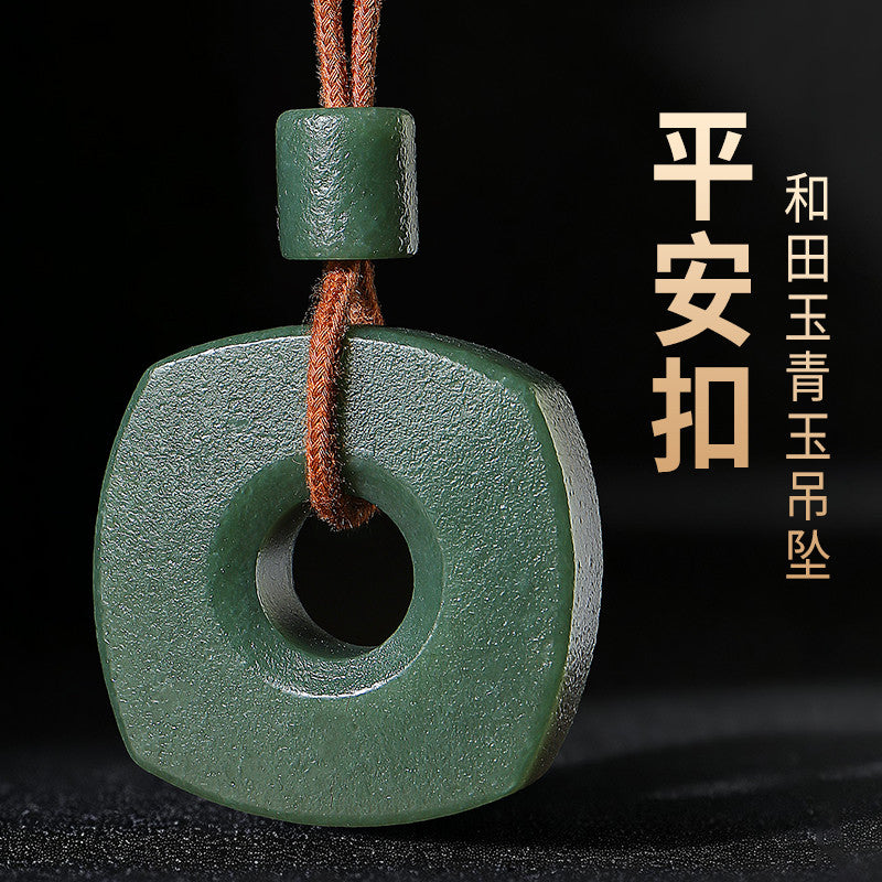 Chinese Retro Style Hetian Green Jade Square Plaque & Peace Buckle Pendant, Festival Gift