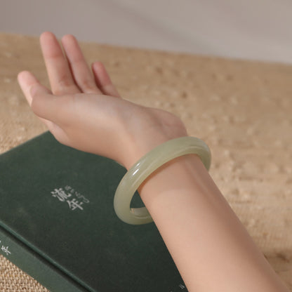 Collectible Hetian Jade Bracelet, Ice-Base Clear Water Material, Pale Cyan Jade Bangle, Peace Bangle, Gift for Mom & Girlfriend