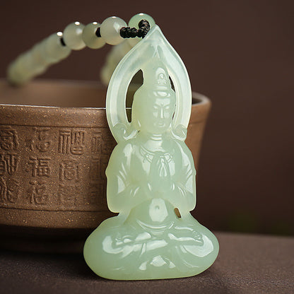 Pale Cyan & White Hetian Jade Guanyin Pendant, Men's Jade Ornament