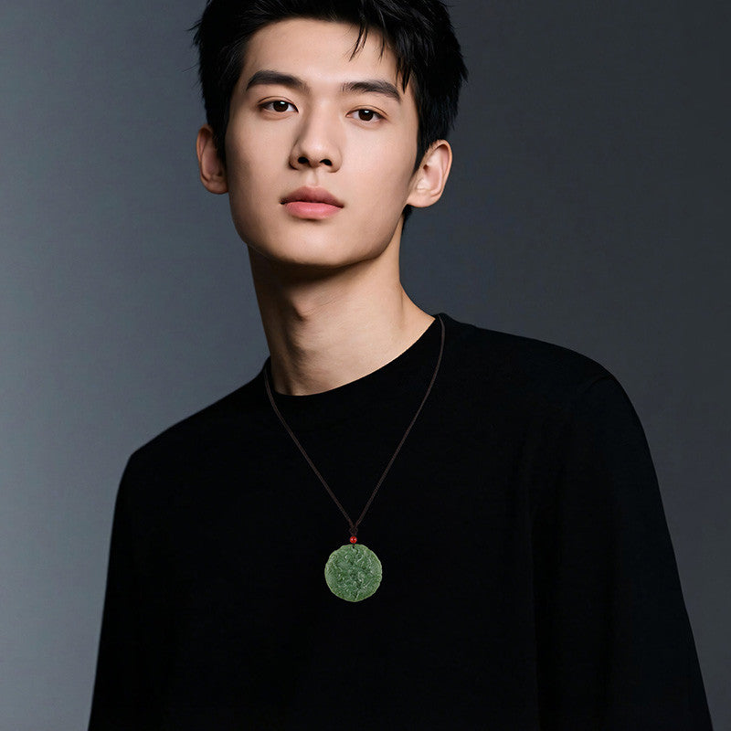 Unisex Hetian Jade Pendant, Double-sided Carved Nine Dragons