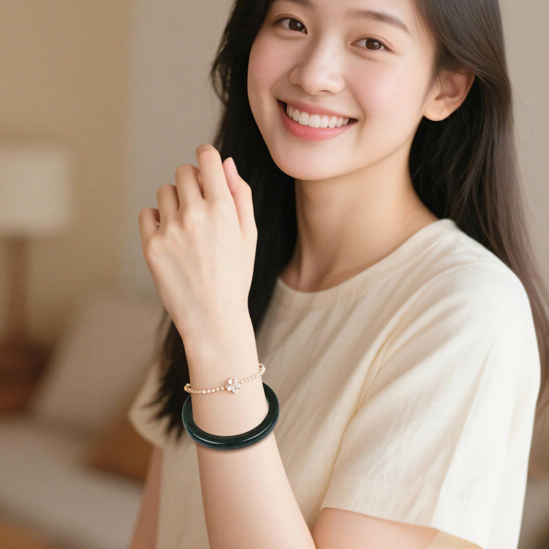 Dark Green Hetian Jade Square Bangle, Holiday Gift for Girlfriend & Mom