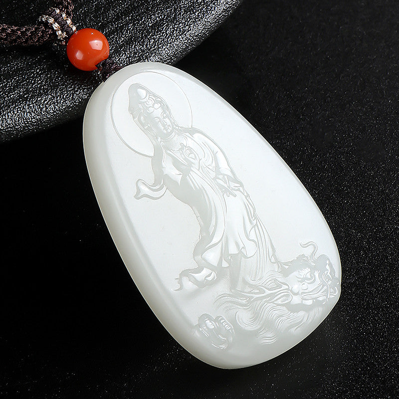 Hetian White Jade Pendant, Dragon-Subduing Guanyin Jade Charm